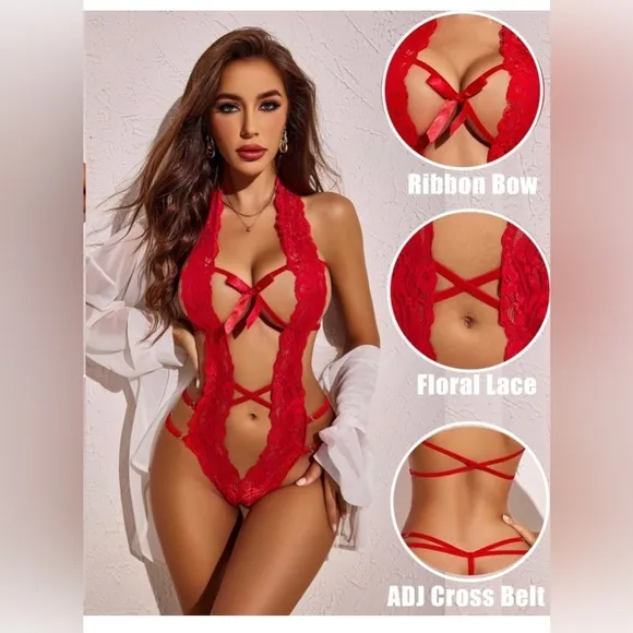 057 Women Deep V Halter Lingerie Teddy