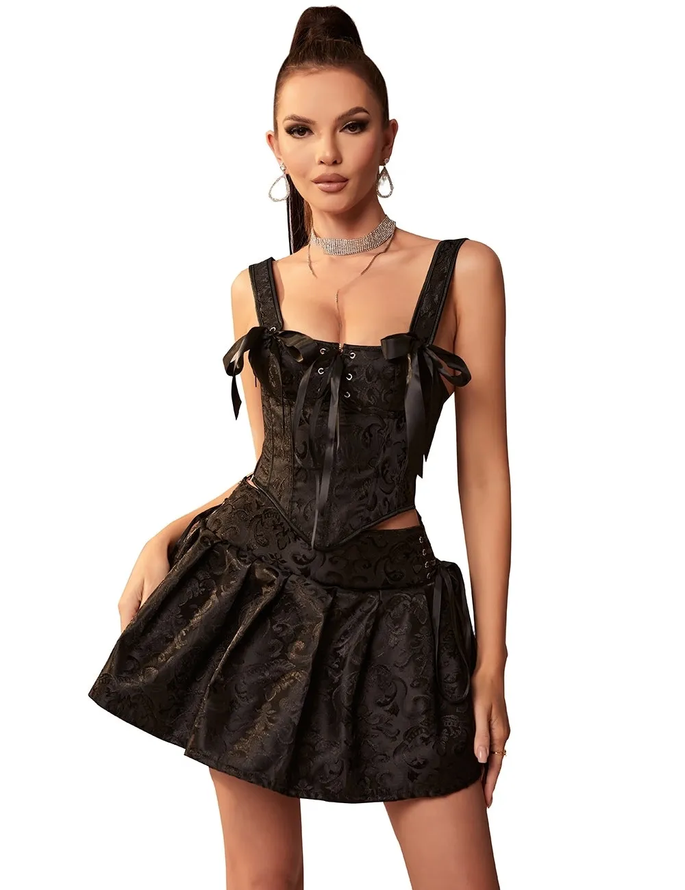 12 Pieces Plastic Bones Black Sexy Jacquard Braces Corset Egypt With Skirt