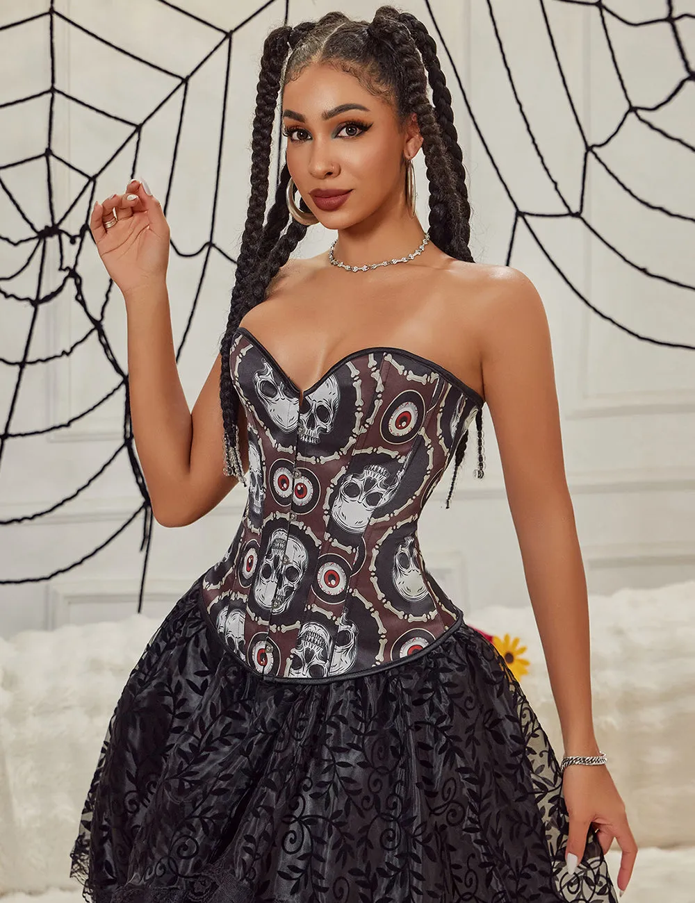 12 Pieces Plastic Bones Black Sexy Skull Print Lace Up Halloween Corset