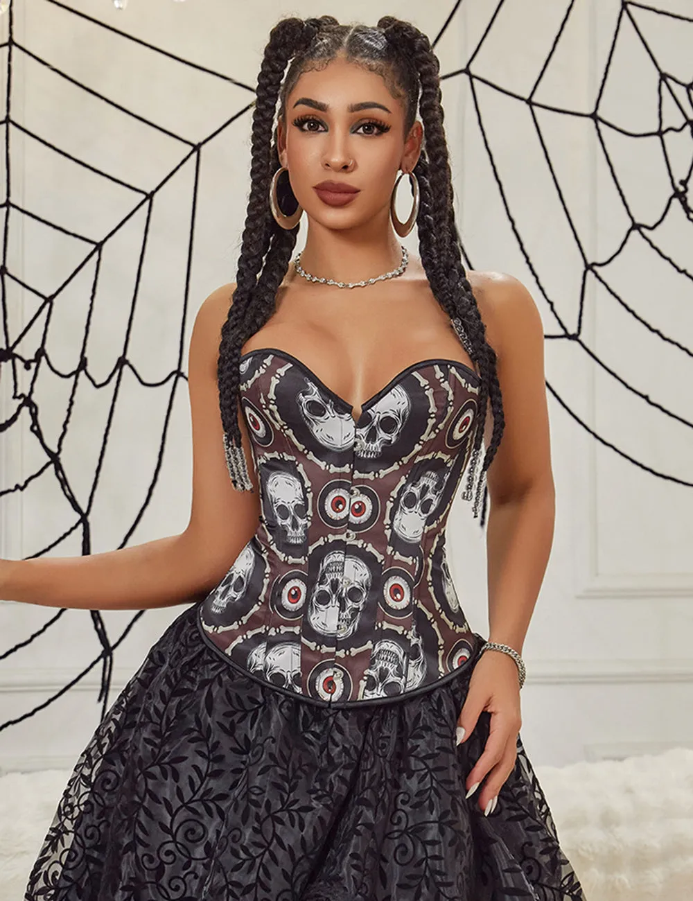 12 Pieces Plastic Bones Black Sexy Skull Print Lace Up Halloween Corset