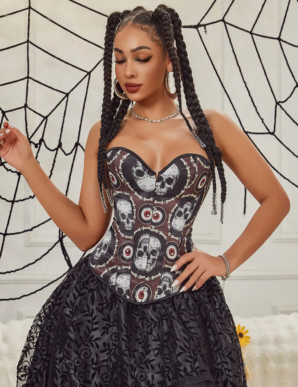 12 Pieces Plastic Bones Black Sexy Skull Print Lace Up Halloween Corset