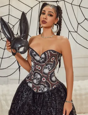 12 Pieces Plastic Bones Black Sexy Skull Print Lace Up Halloween Corset
