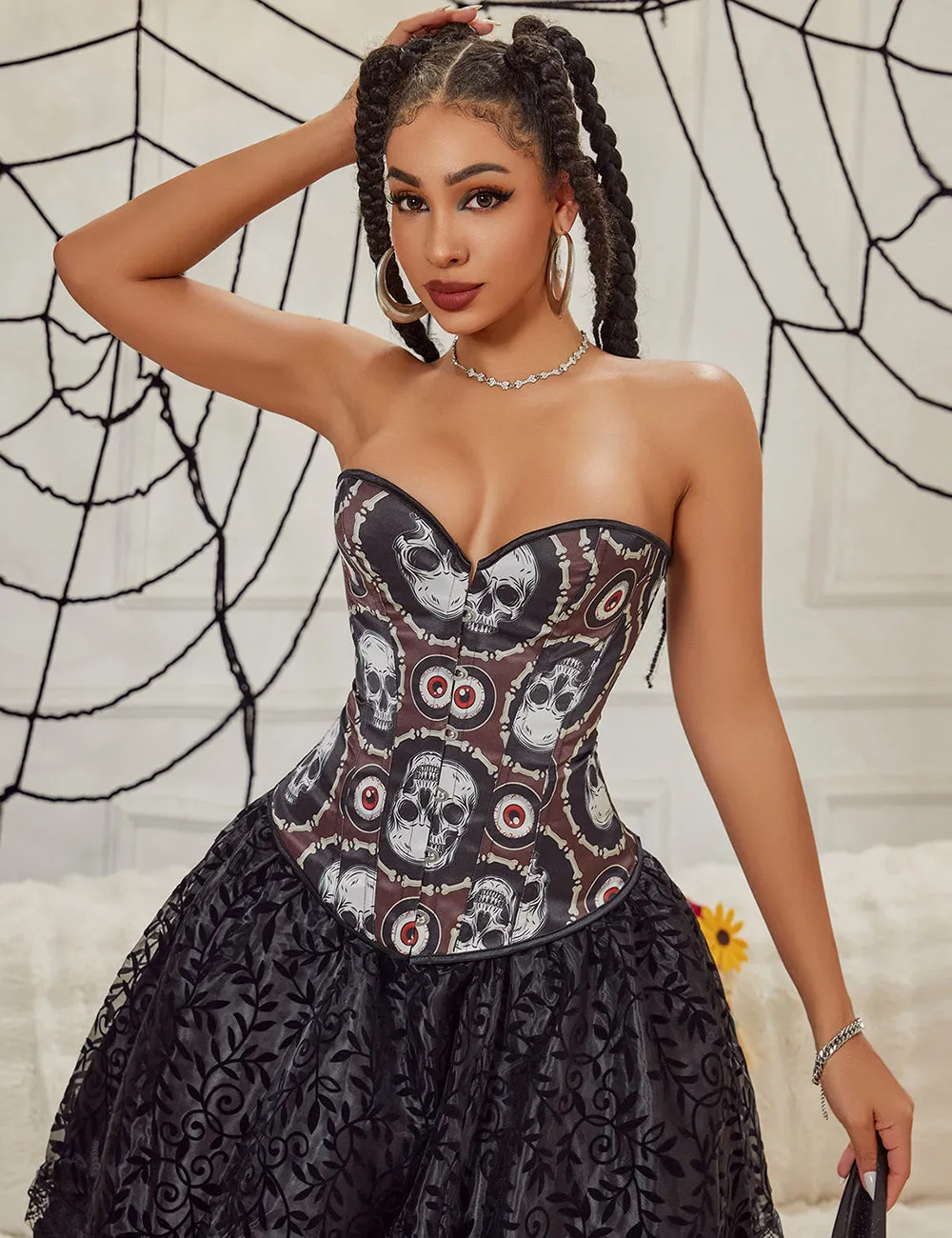 12 Pieces Plastic Bones Black Sexy Skull Print Lace Up Halloween Corset