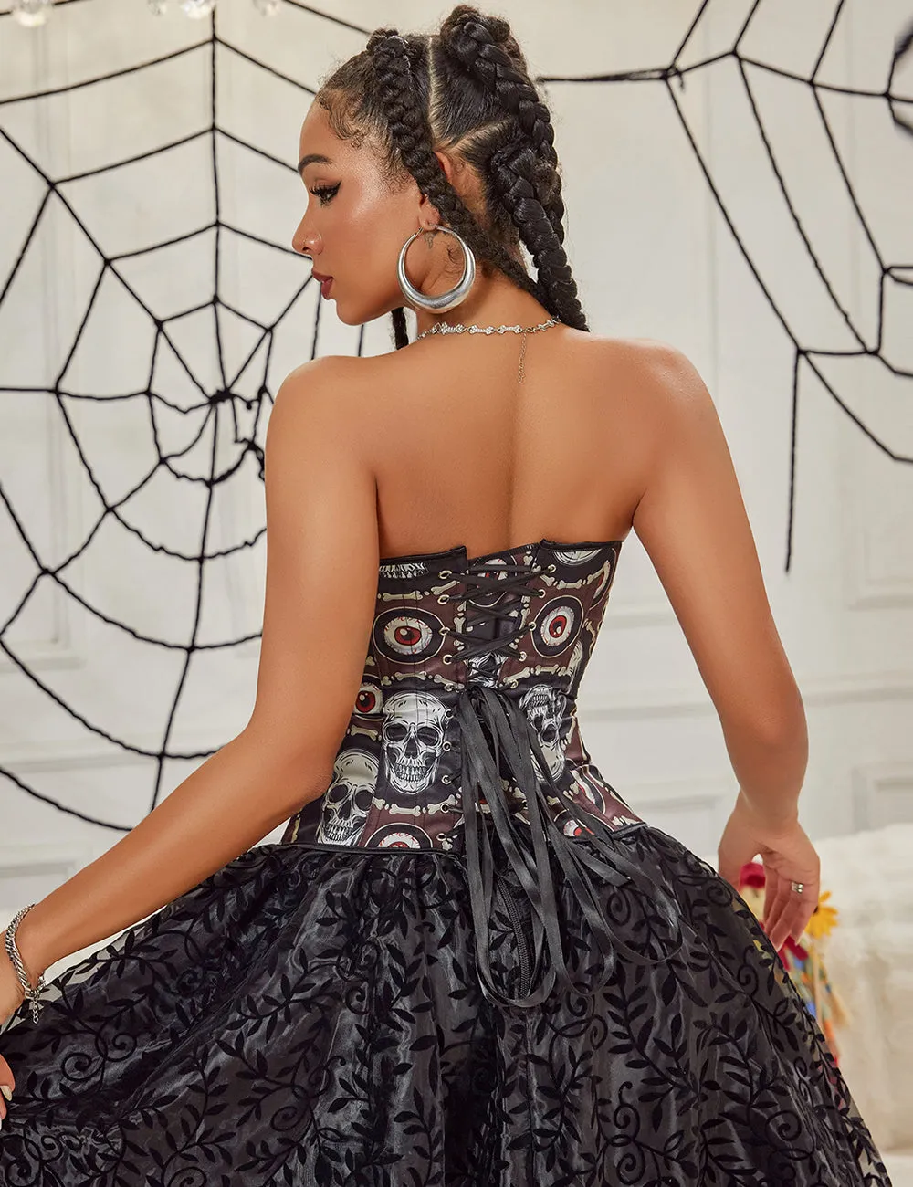 12 Pieces Plastic Bones Black Sexy Skull Print Lace Up Halloween Corset