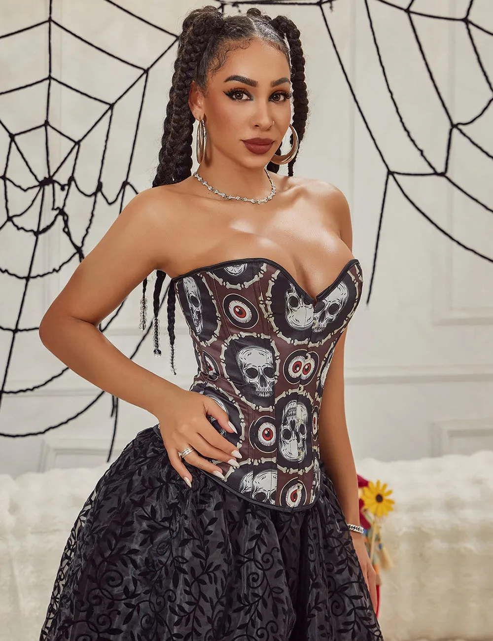 12 Pieces Plastic Bones Black Sexy Skull Print Lace Up Halloween Corset