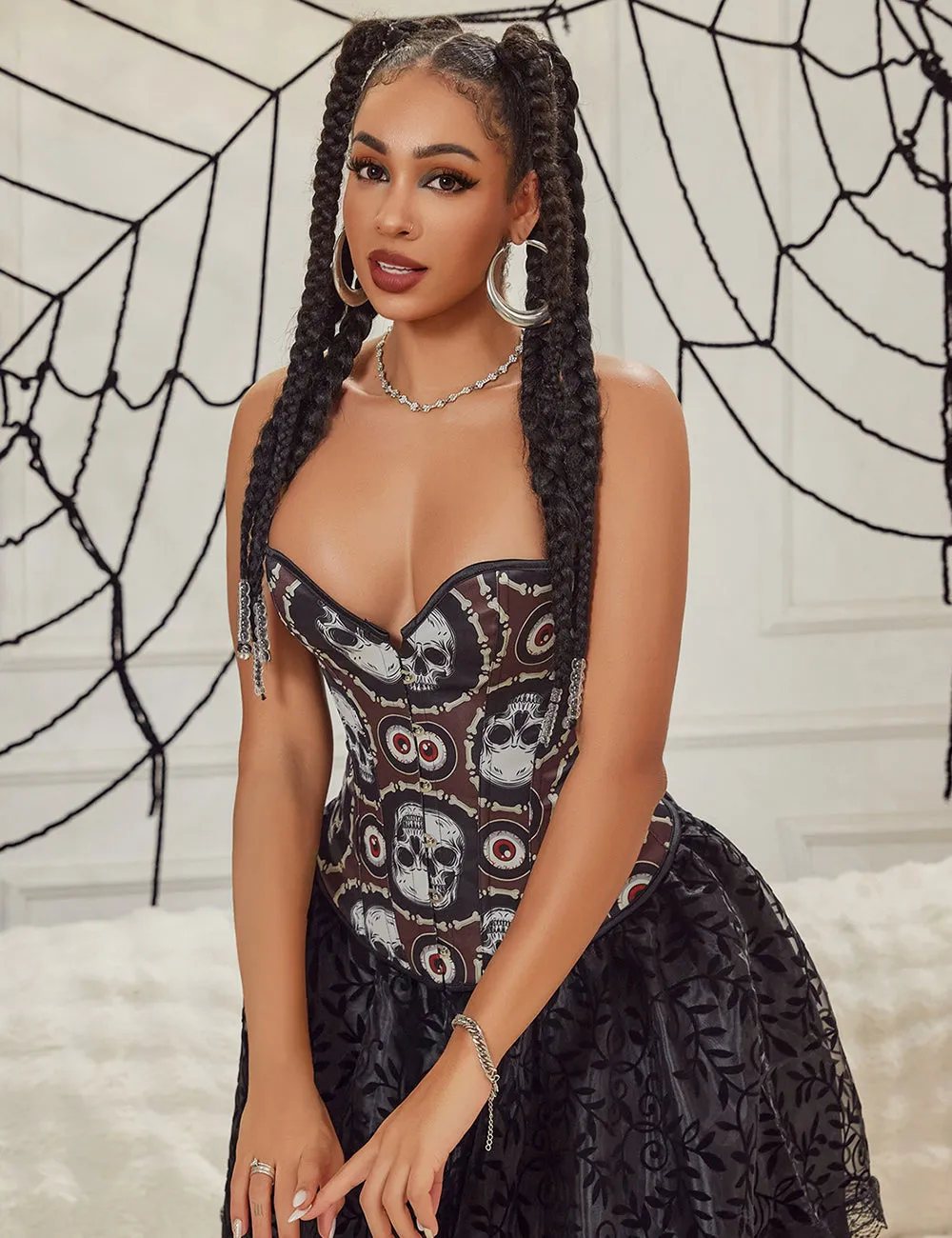 12 Pieces Plastic Bones Black Sexy Skull Print Lace Up Halloween Corset