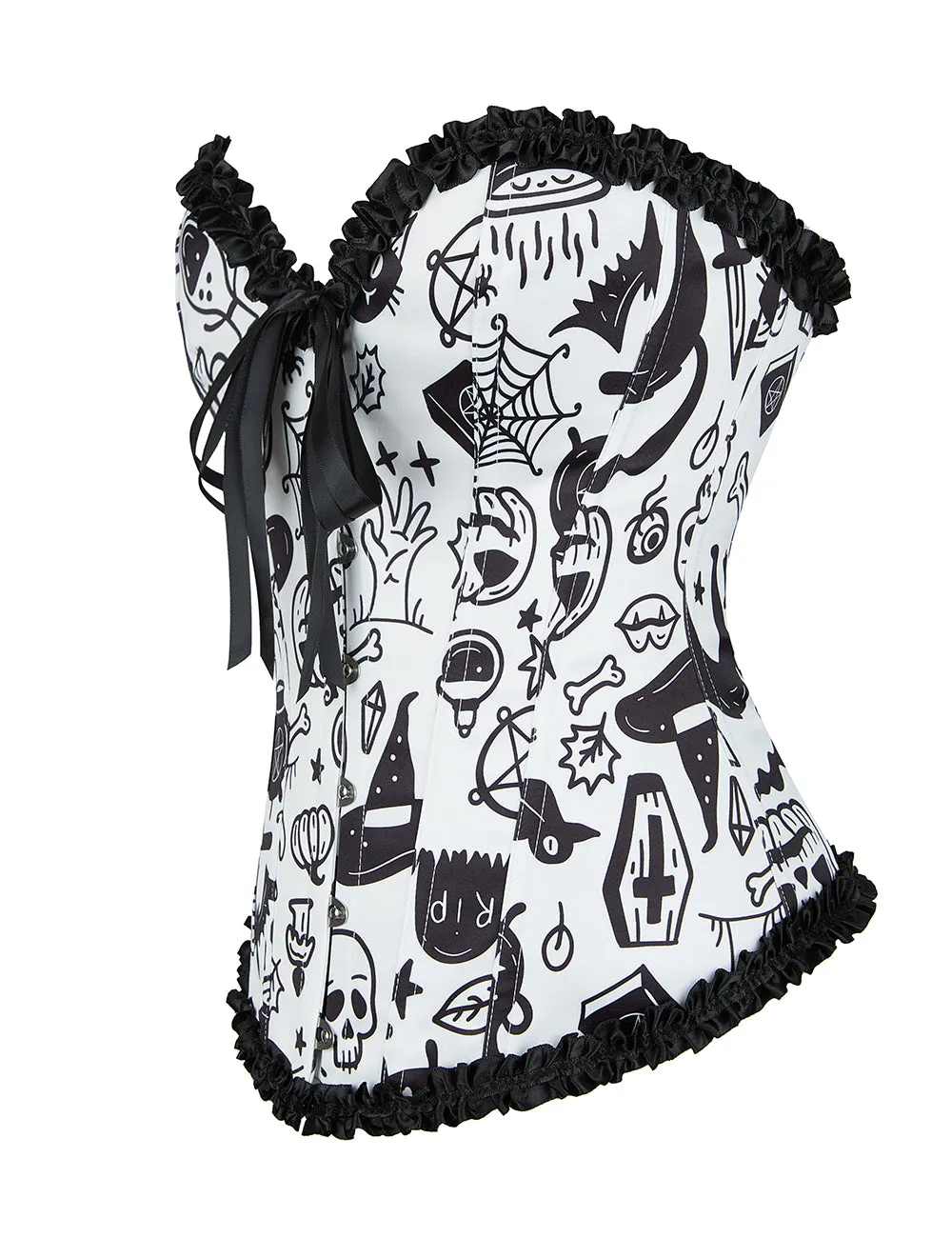 12 Pieces Plastic Bones White Sexy Cartoon Print Bow Lace Up Halloween Corset