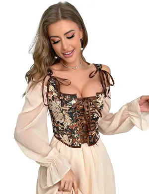 13 Pieces Plastic Bones Vintage oil Painting Print Style Lace Up Corset Bustie