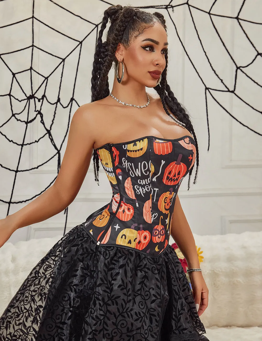 15 Pieces Plastic Bones Black Sexy Pumpkin Print Zipper Lace Up Halloween Corset