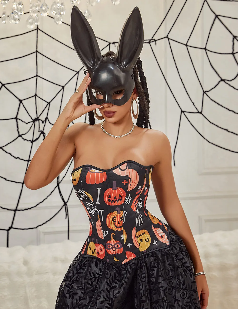 15 Pieces Plastic Bones Black Sexy Pumpkin Print Zipper Lace Up Halloween Corset