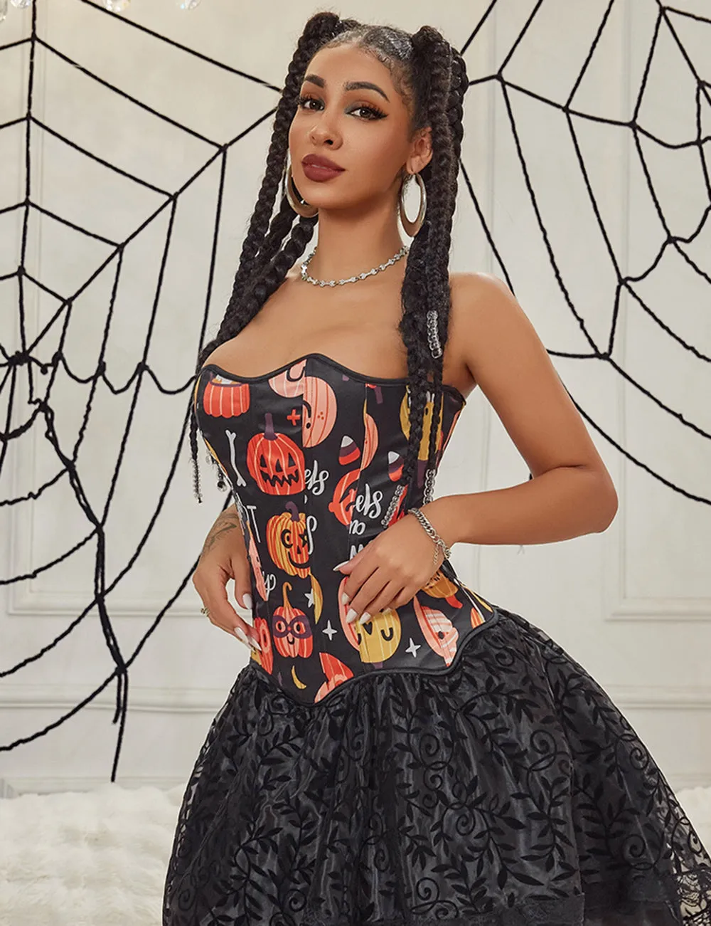 15 Pieces Plastic Bones Black Sexy Pumpkin Print Zipper Lace Up Halloween Corset