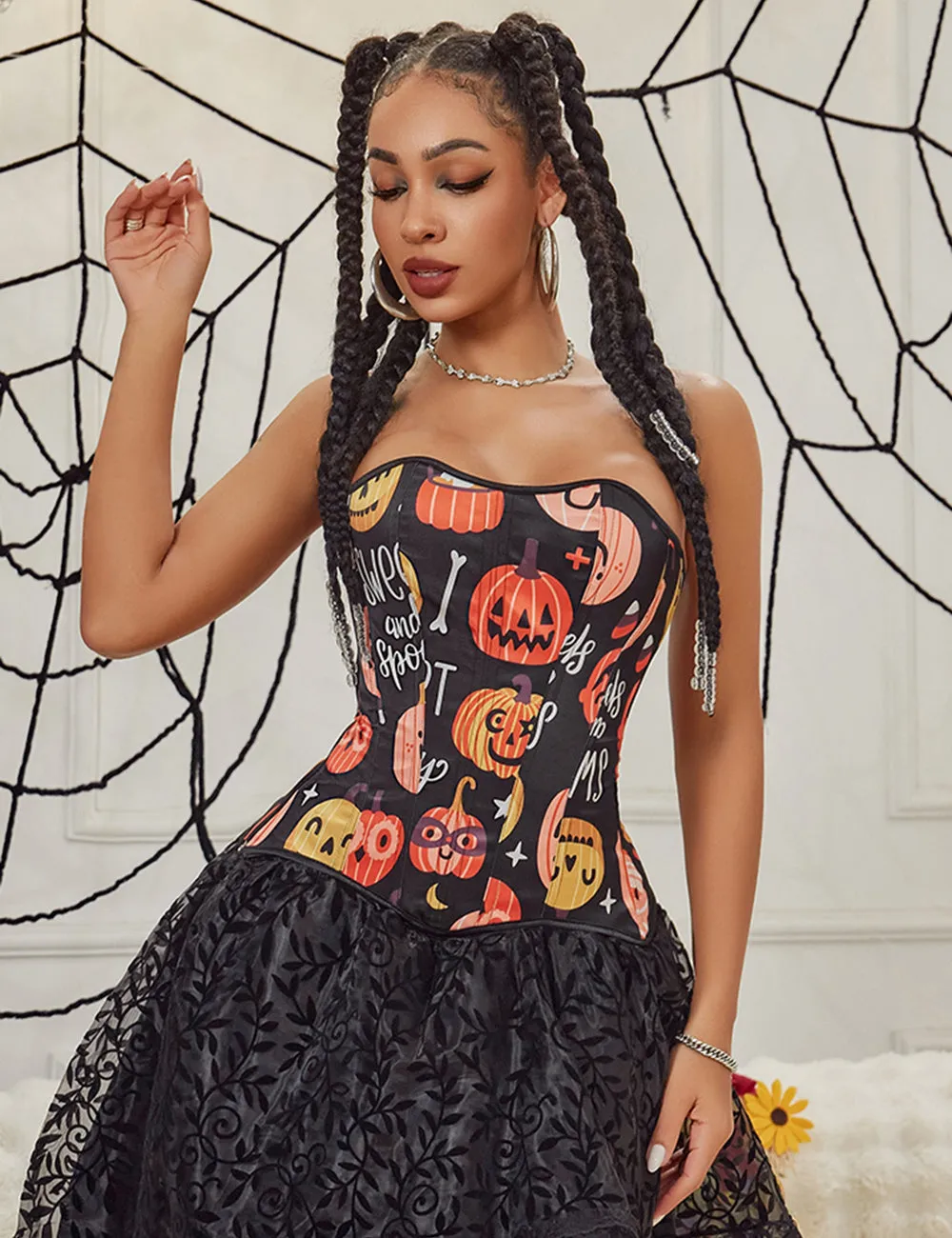 15 Pieces Plastic Bones Black Sexy Pumpkin Print Zipper Lace Up Halloween Corset