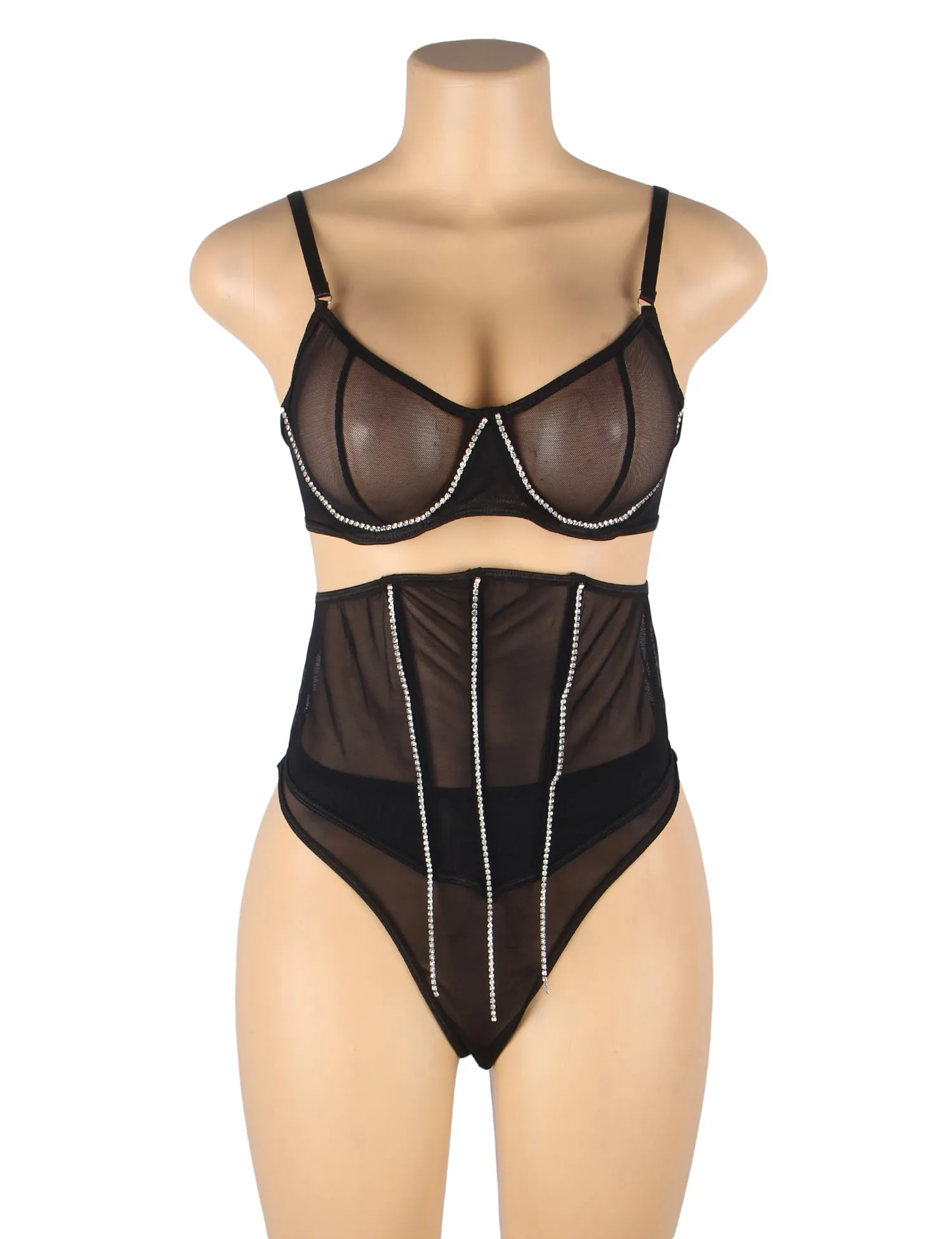 5 Bones Egypt Mesh Sexy Bra Set Stitching Diamond Chain