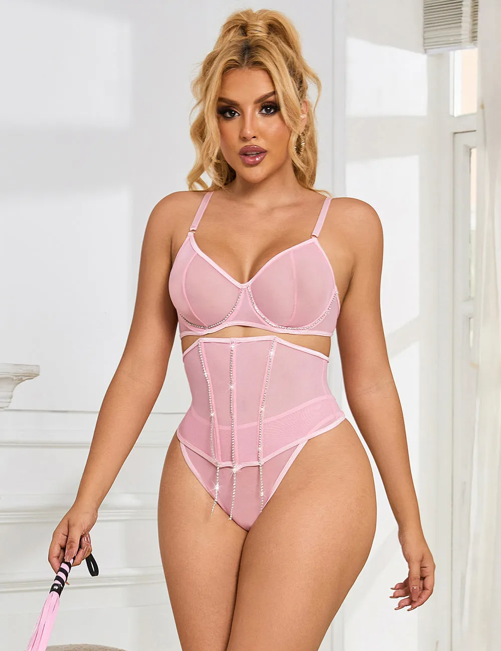 5 Bones Egypt Mesh Sexy Bra Set Stitching Diamond Chain