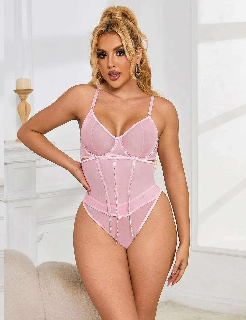 5 Bones Egypt Mesh Sexy Bra Set Stitching Diamond Chain