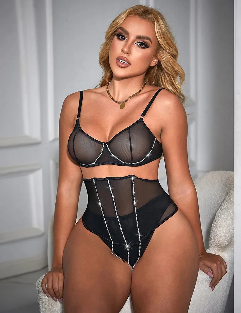 5 Bones Egypt Mesh Sexy Bra Set Stitching Diamond Chain