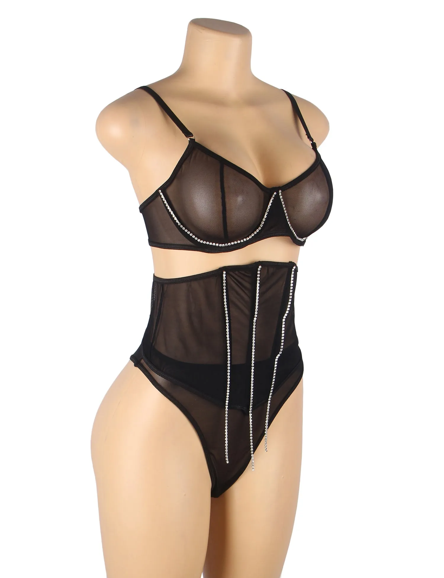 5 Bones Egypt Mesh Sexy Bra Set Stitching Diamond Chain