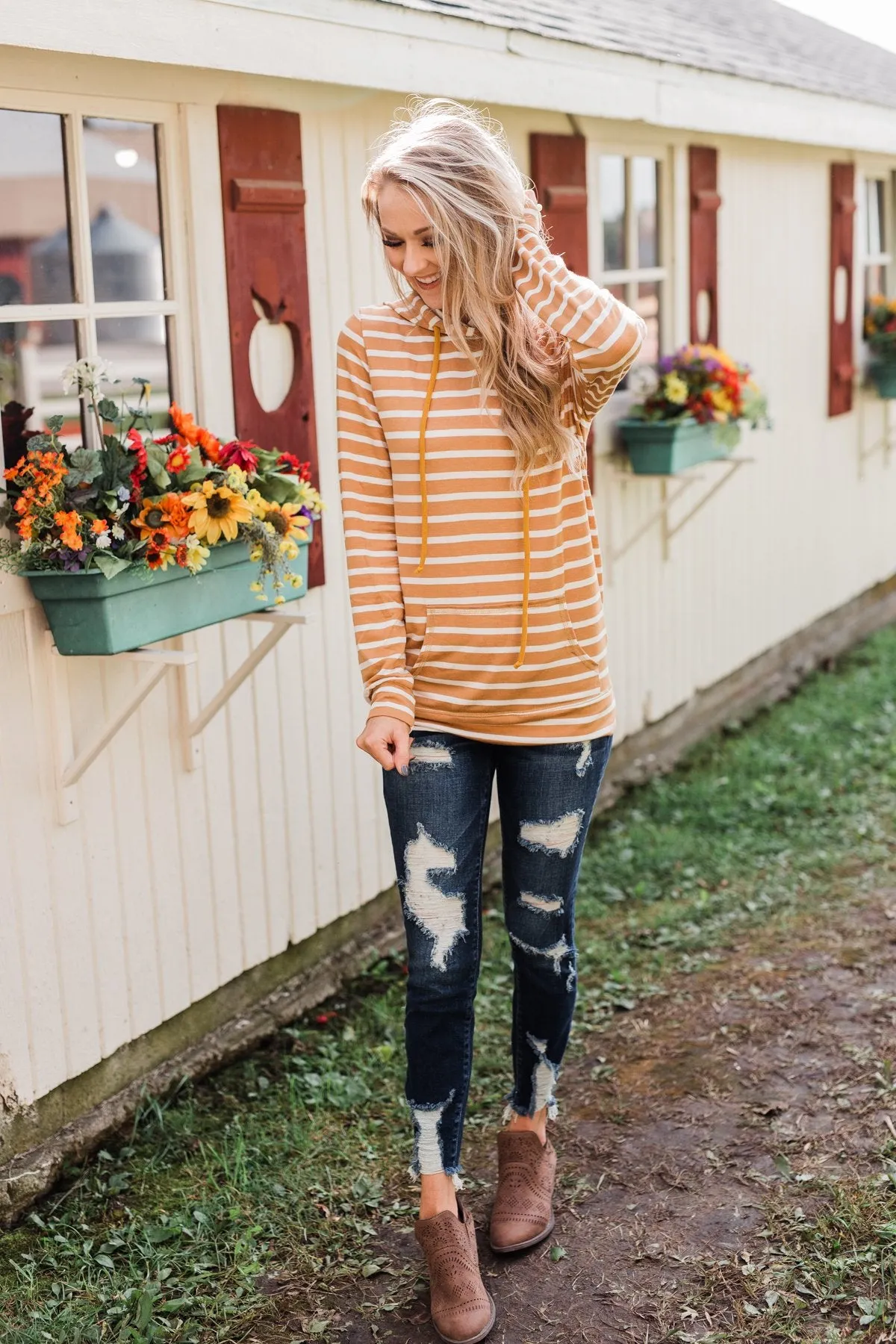 A Sure Thing Striped Tunic Hoodie- Dark Mustard & Ivory