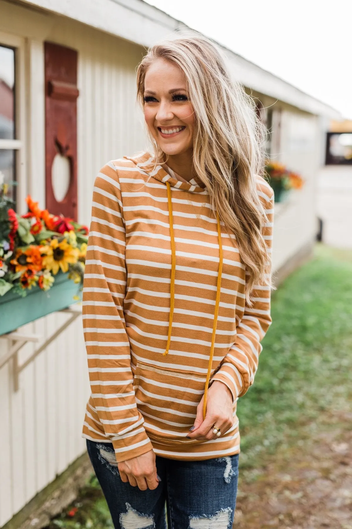 A Sure Thing Striped Tunic Hoodie- Dark Mustard & Ivory