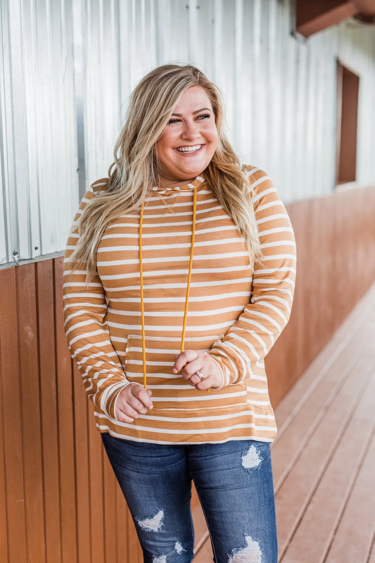 A Sure Thing Striped Tunic Hoodie- Dark Mustard & Ivory