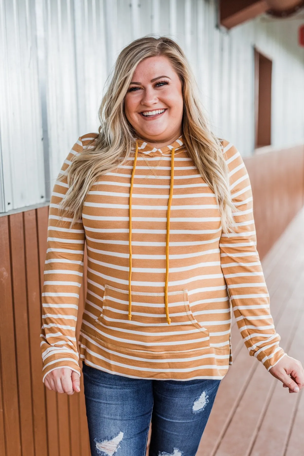 A Sure Thing Striped Tunic Hoodie- Dark Mustard & Ivory
