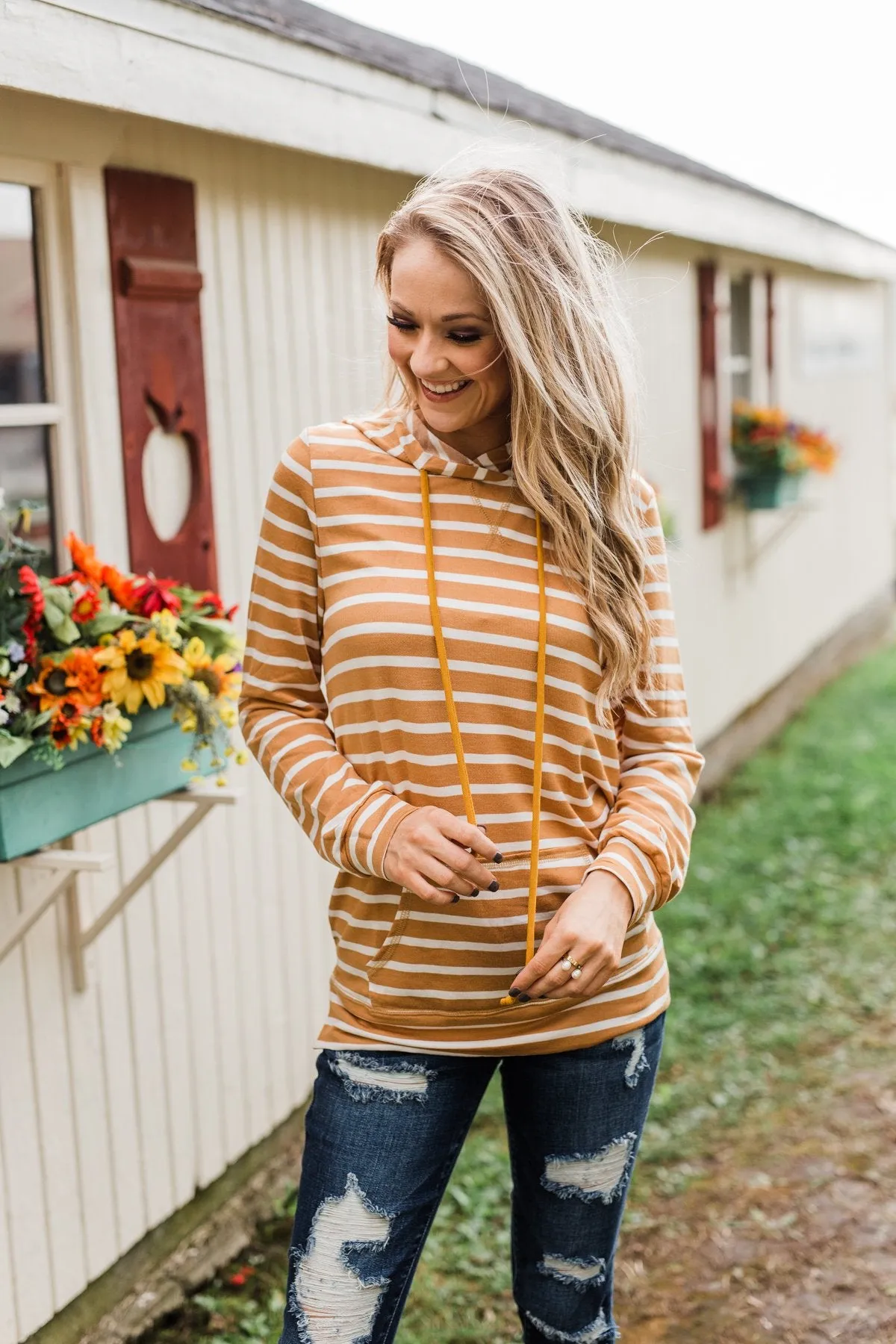 A Sure Thing Striped Tunic Hoodie- Dark Mustard & Ivory