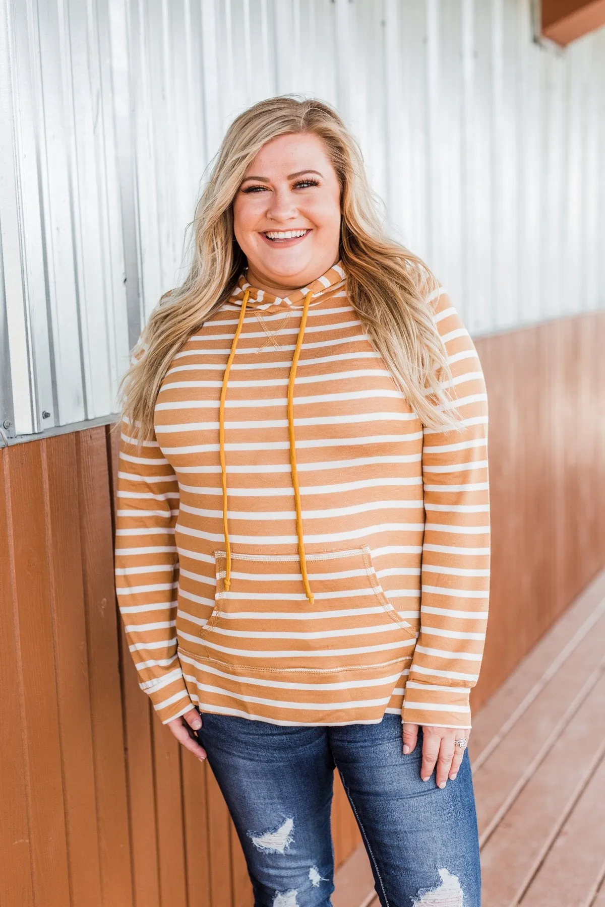 A Sure Thing Striped Tunic Hoodie- Dark Mustard & Ivory