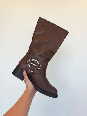 Alex Mid Calf Buckle Booties- Brown