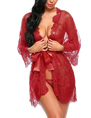 Avidlove Sexy Robes for Women Boudoir Lingerie Women's Lace Kimono Robe Babydoll Lingerie Mesh Nightgown Dark Red S