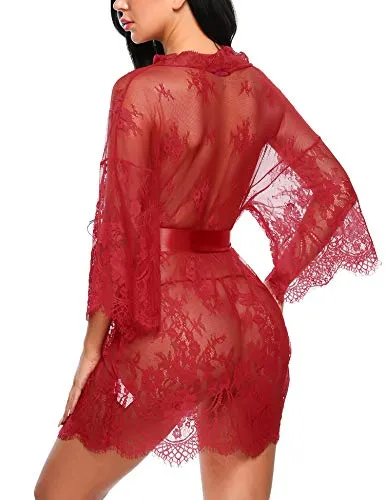 Avidlove Sexy Robes for Women Boudoir Lingerie Women's Lace Kimono Robe Babydoll Lingerie Mesh Nightgown Dark Red S