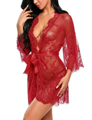 Avidlove Sexy Robes for Women Boudoir Lingerie Women's Lace Kimono Robe Babydoll Lingerie Mesh Nightgown Dark Red S
