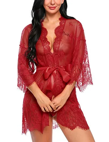 Avidlove Sexy Robes for Women Boudoir Lingerie Women's Lace Kimono Robe Babydoll Lingerie Mesh Nightgown Dark Red S