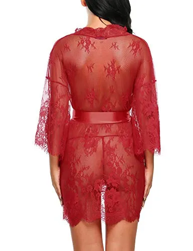 Avidlove Sexy Robes for Women Boudoir Lingerie Women's Lace Kimono Robe Babydoll Lingerie Mesh Nightgown Dark Red S