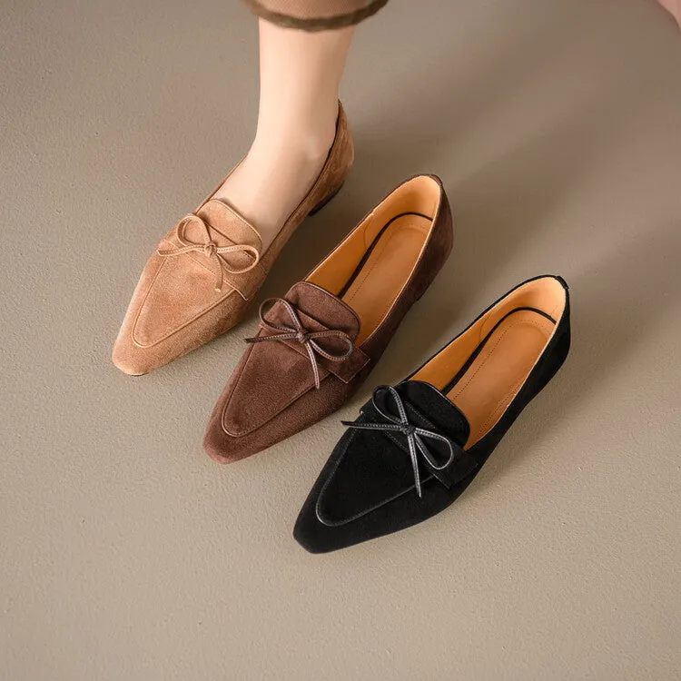 Beige Brown Black Butterfly Knot Suede Loafers #001138