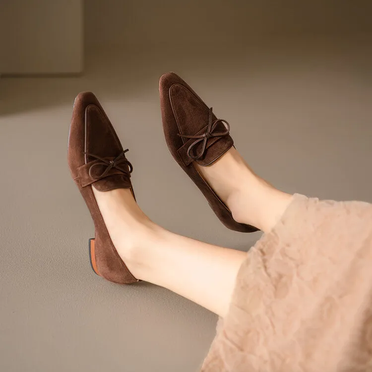 Beige Brown Black Butterfly Knot Suede Loafers #001138
