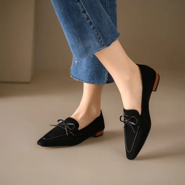 Beige Brown Black Butterfly Knot Suede Loafers #001138