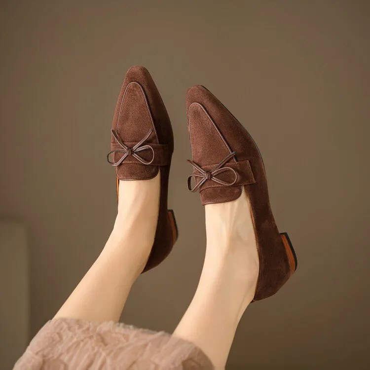 Beige Brown Black Butterfly Knot Suede Loafers #001138