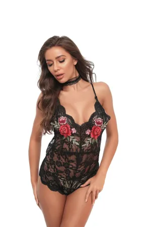 Black 1 Piece Womens Hot Dress Lace Fishnet Teddies - Sleepwear Lingerie Bodysuits with G-String