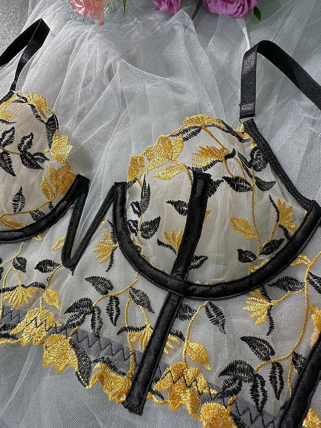 Black Embroidered Corset & Panty Lingerie Set From Hello.LA.Girl