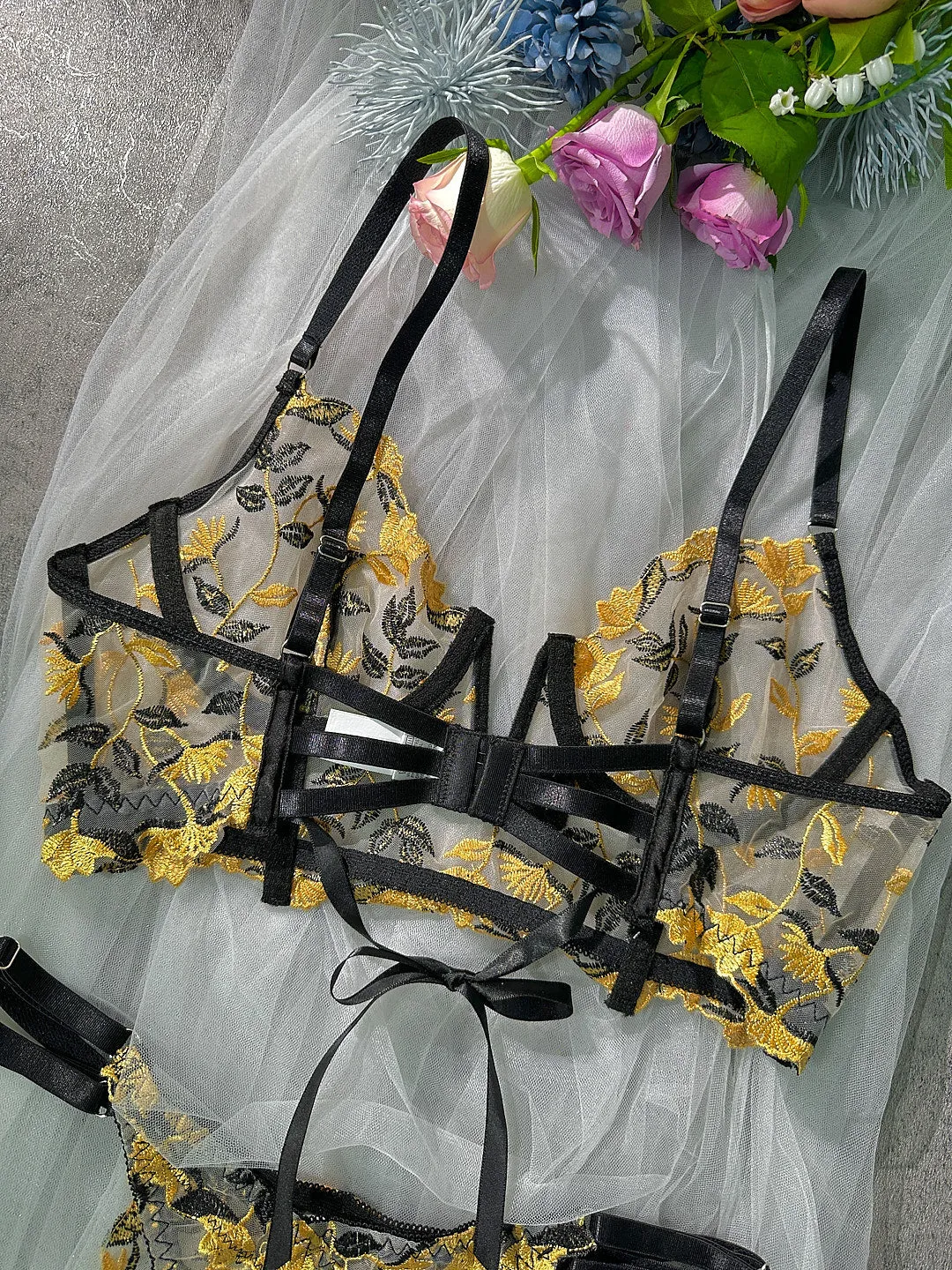 Black Embroidered Corset & Panty Lingerie Set From Hello.LA.Girl