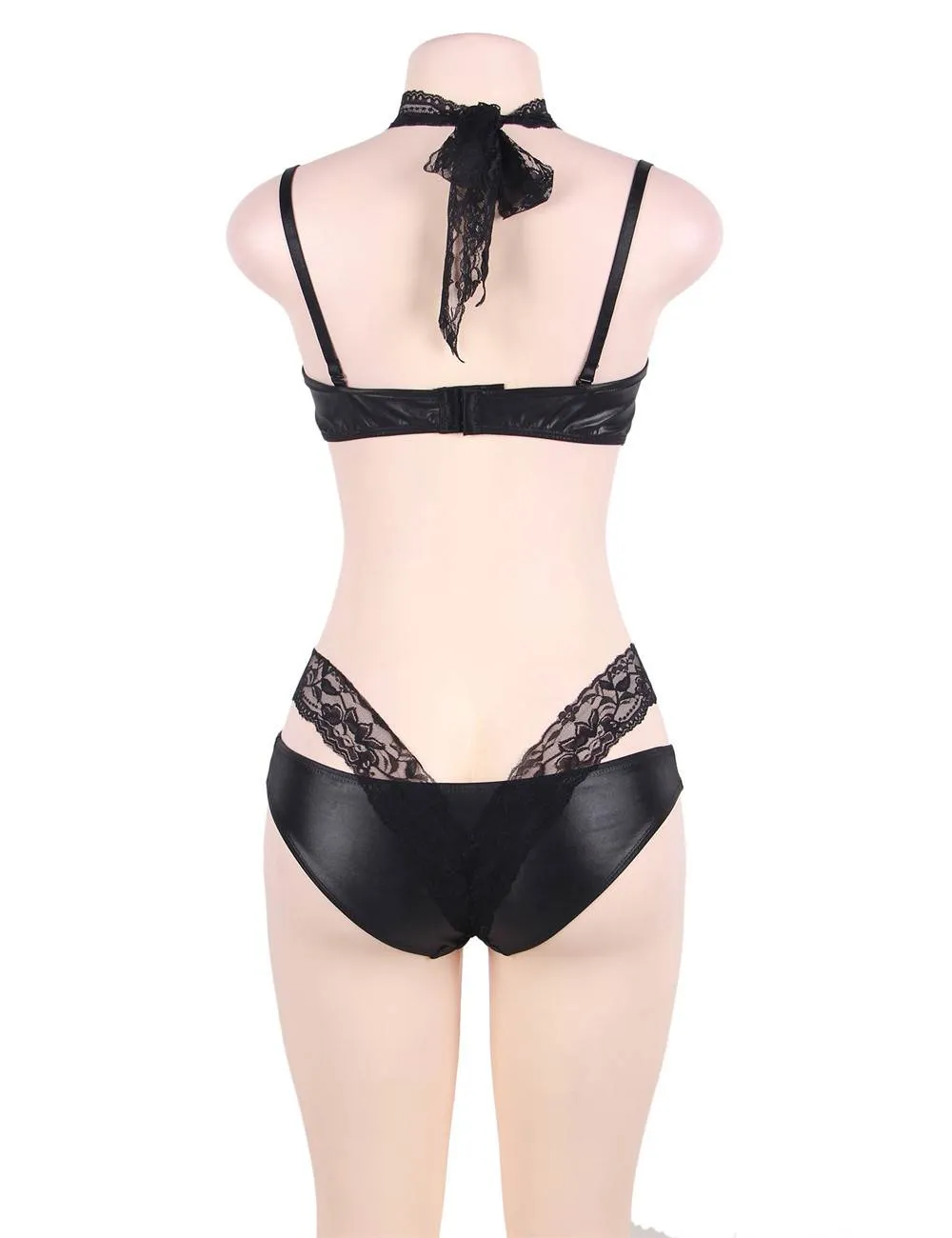 Black High Neck Lace Leather Egypt Bra Set
