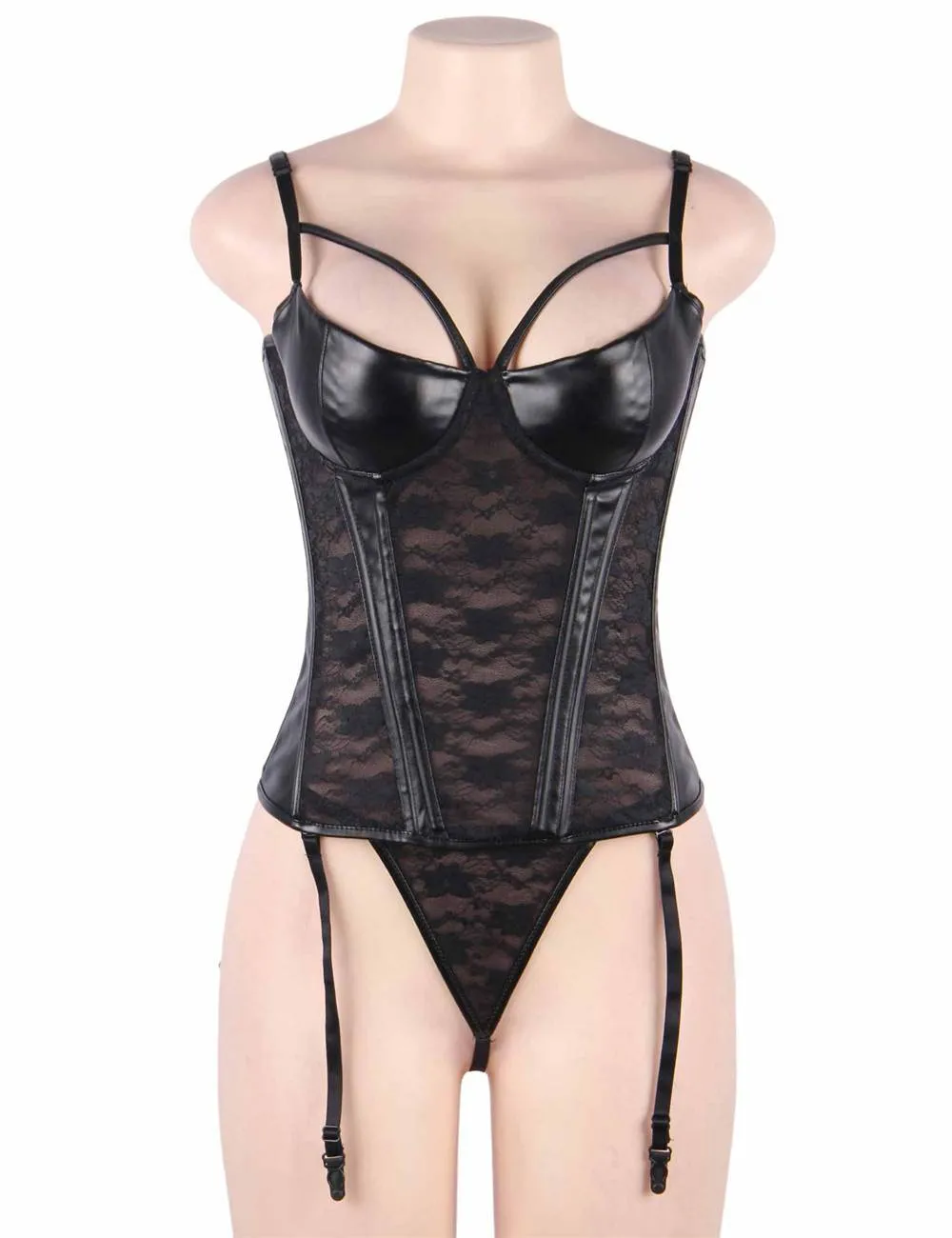 Black Lace Leather Stitching Sexy Corset
