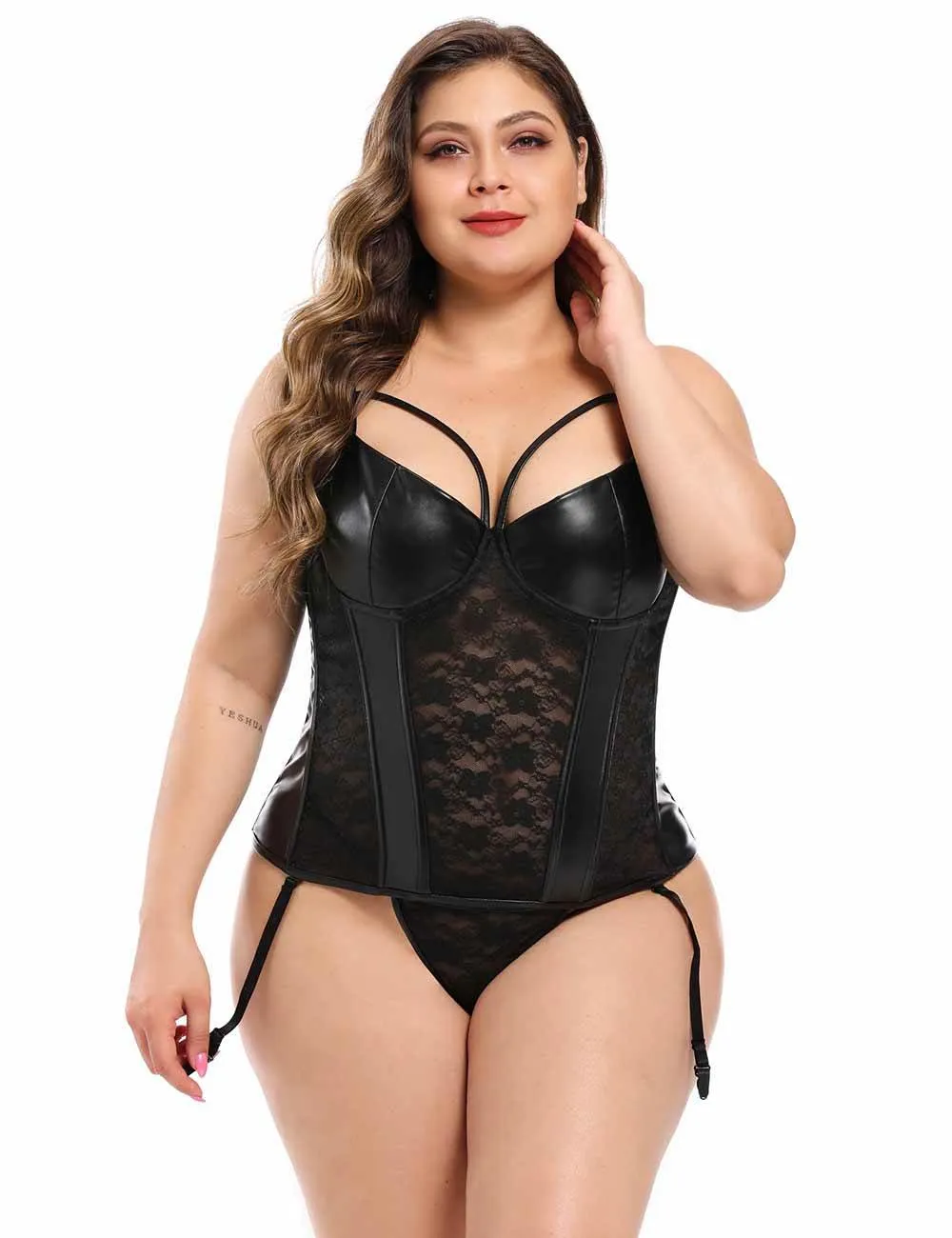 Black Lace Leather Stitching Sexy Corset
