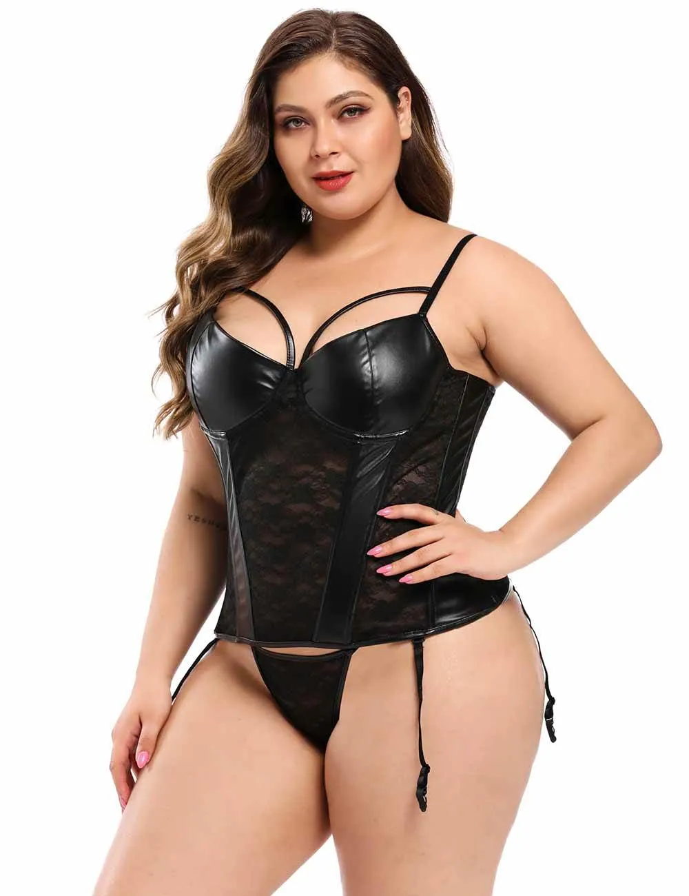 Black Lace Leather Stitching Sexy Corset