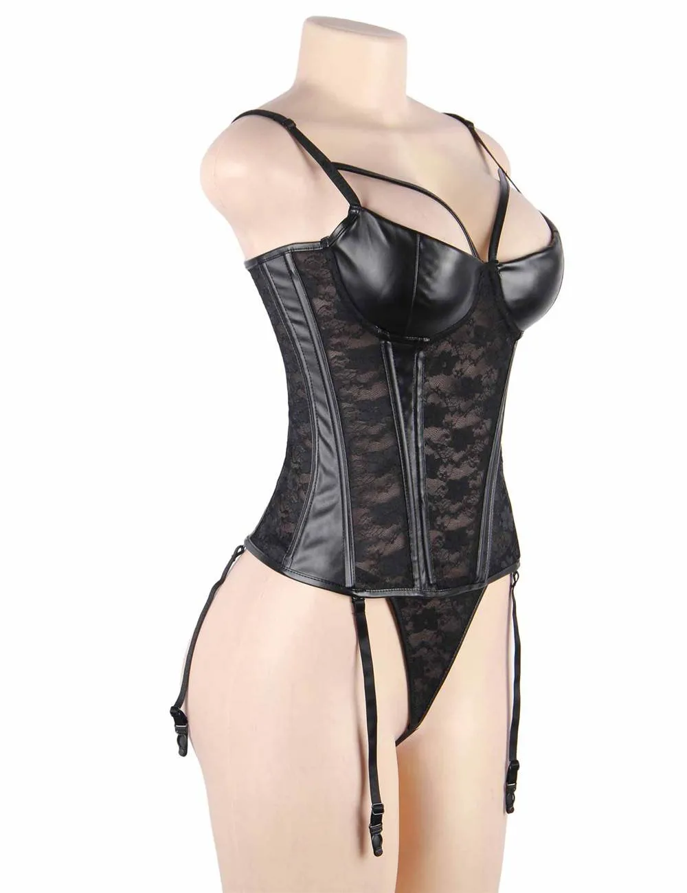 Black Lace Leather Stitching Sexy Corset