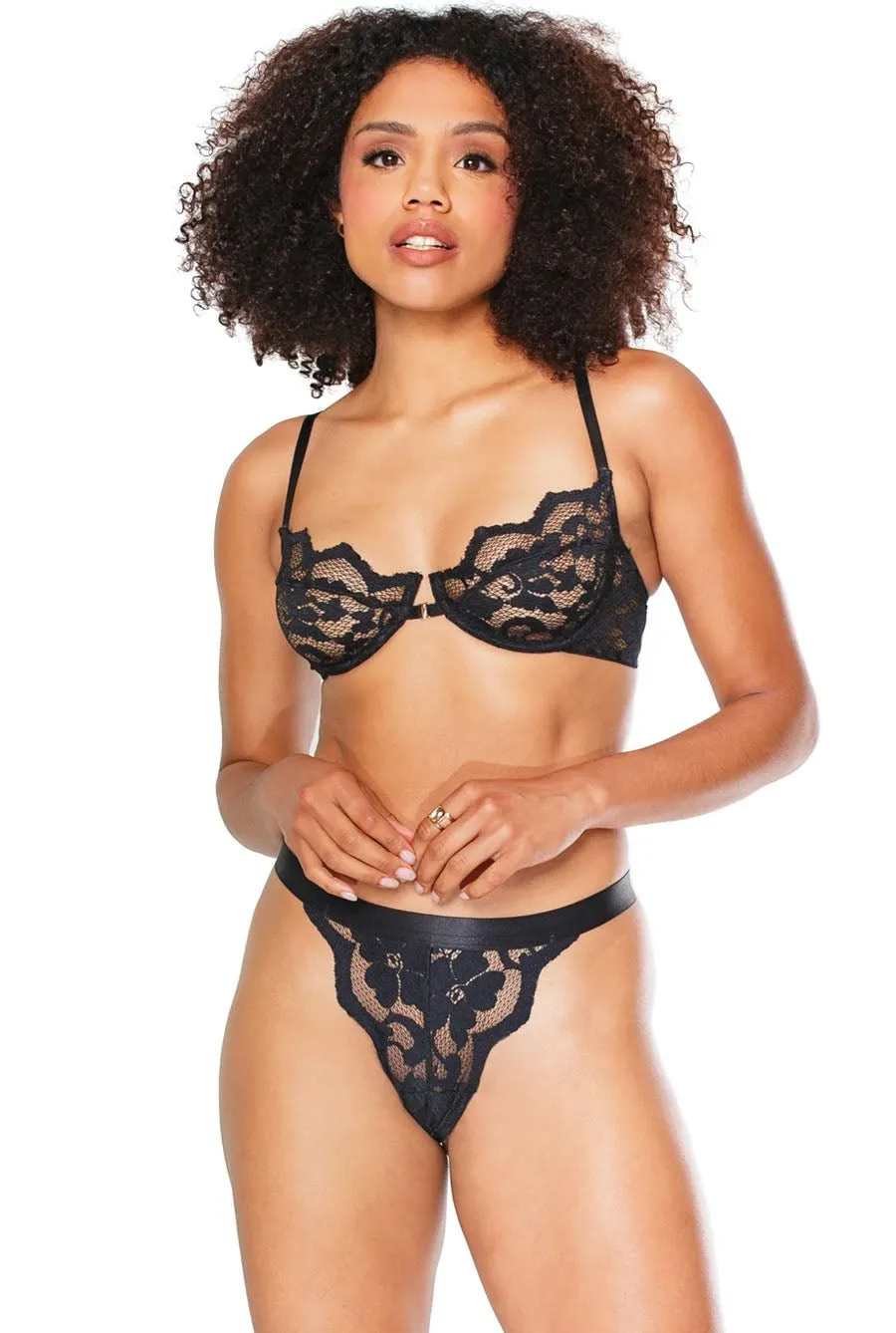 Black Lace Underwire Bra & Lace Gstring Set