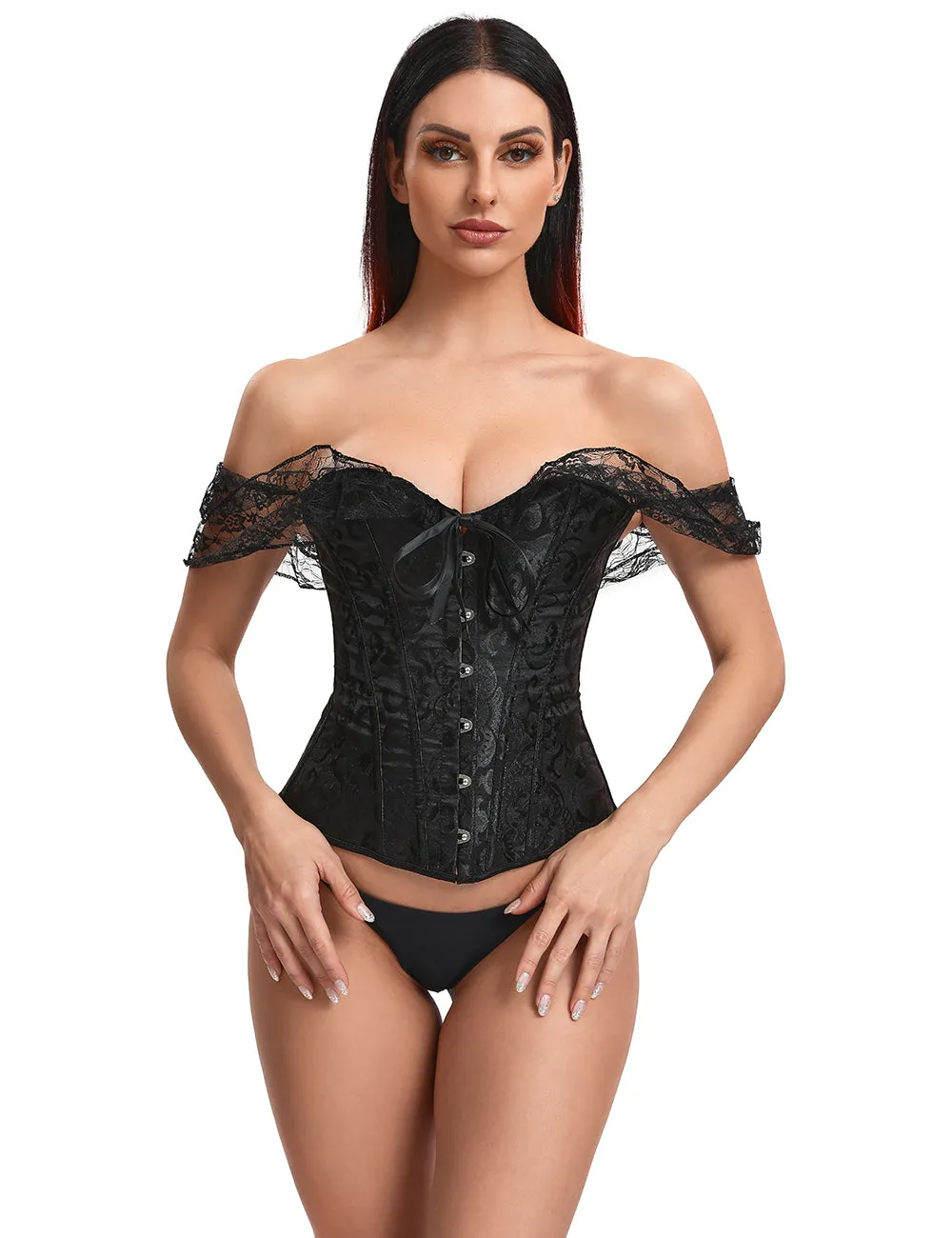 Black off Shoulder 12 Steel Bones Lace Corset with Panties