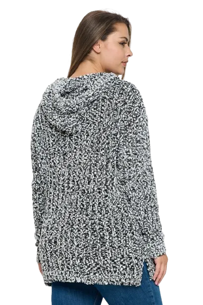 Black White Plus Size Ribbed Popcorn Knit Tunic Hoodie Sweater - Pack of 6