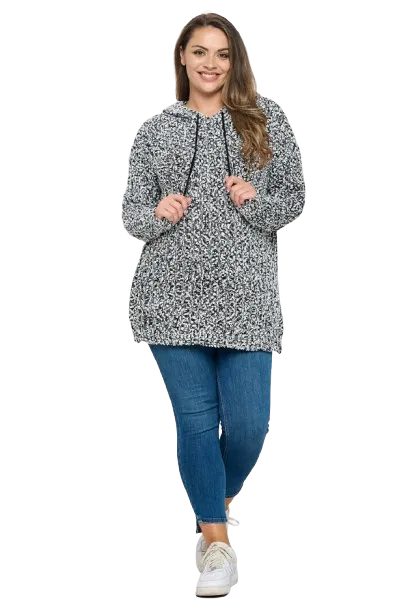 Black White Plus Size Ribbed Popcorn Knit Tunic Hoodie Sweater - Pack of 6