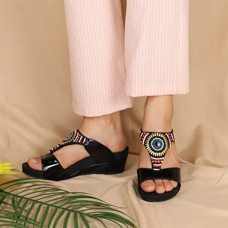 Boho Beaded Comfy Low Wedges 2" inch [Arch-legance Series][ODD SIZE LEFT]